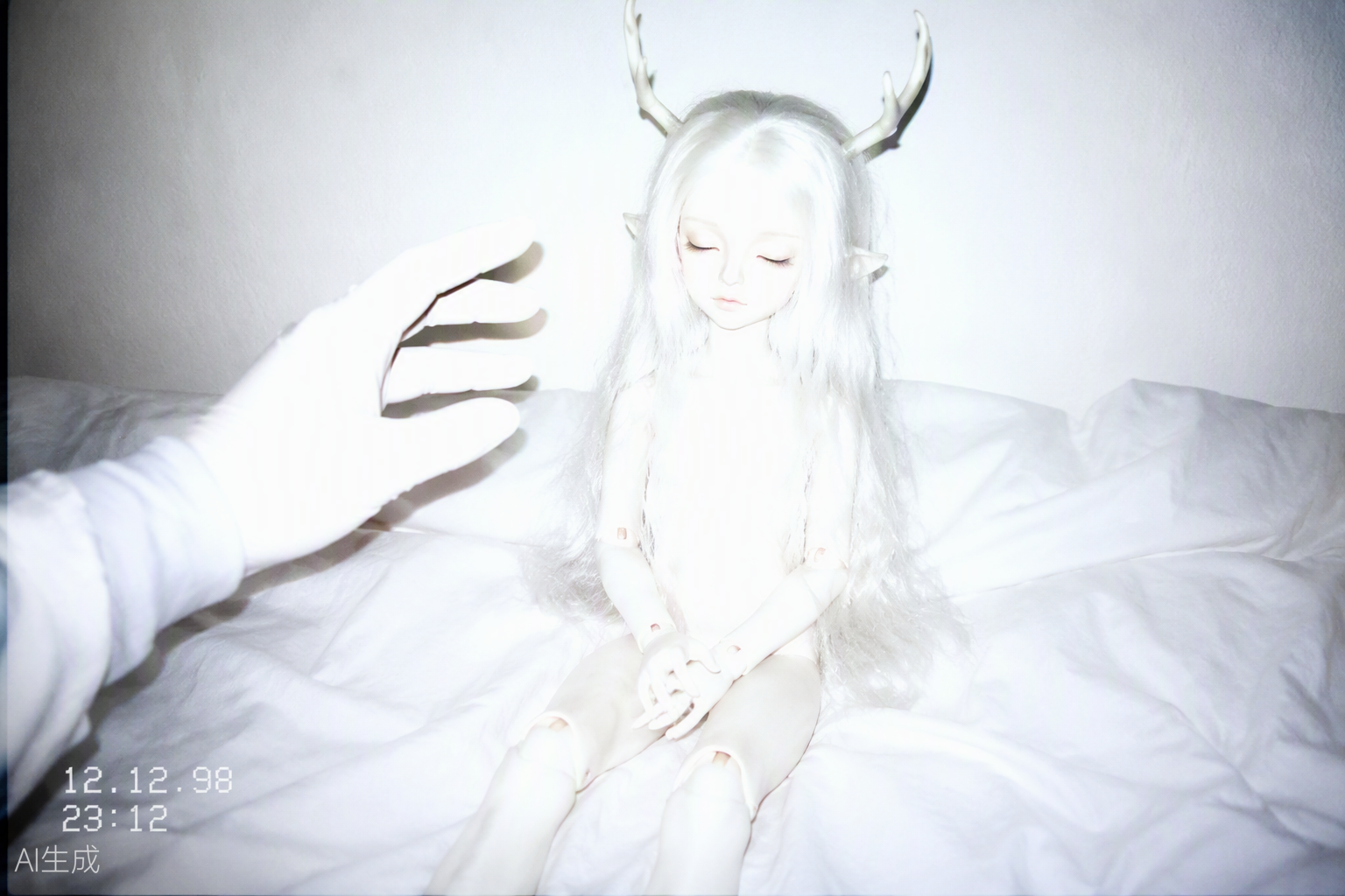 intake still — pale figure seated on white sheets, a gloved hand reaching in